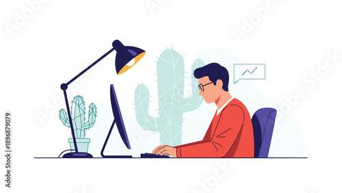 Focused young man sits at a tidy desk and works diligently on a computer next to decorative potted cacti in a modern home office.