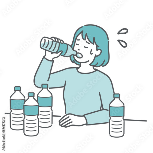 喉が渇いて大量の水を飲む女性のイラスト（糖尿病・多飲・口渇・熱中症）