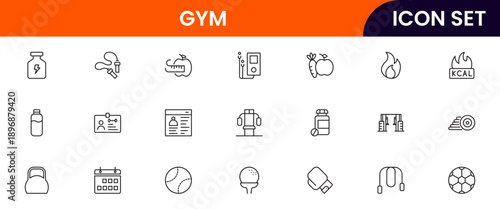 Gym icons depicting fitness, exercise, workout equipment, dumbbells, treadmills, yoga, strength training, health, wellness, cardio, personal training, motivation, stretching