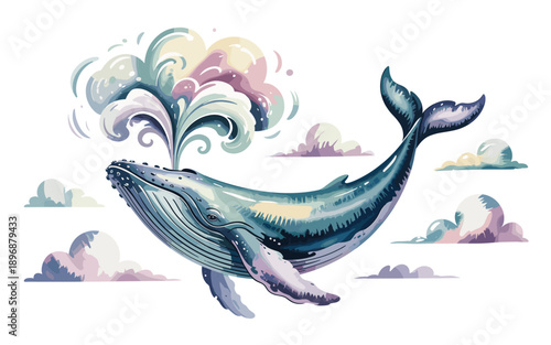 A whimsical vector illustration of a whale spouting water in a playful, dreamy scene
