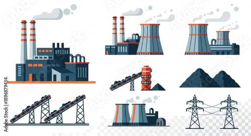 Industrial power plant and coal mining equipment illustration.