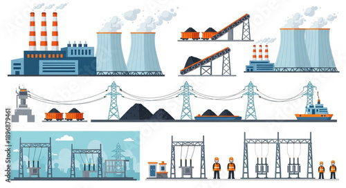 Industrial power plant and electricity distribution infrastructure illustration.
