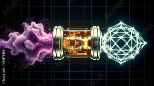 Generative AI Data Transformation Pipeline: 3D visualization showing data refinement from chaos to structure for enterprise technology solutions.