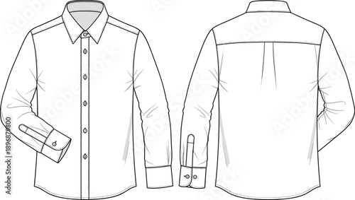 Long sleeve shirt technical sketch, front back fashion vector, apparel design illustration, garment construction drawing, clothing industry pattern details - flat vector illustration