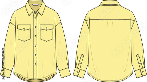 Long sleeve shirt fashion sketch, button front collar pocket apparel vector, clothing design illustration, garment construction pattern details - flat vector illustration