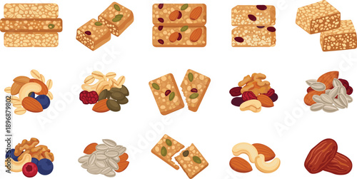 Healthy Granola Bars and Mixed Nuts Vector Set with Seeds and Dried Fruits