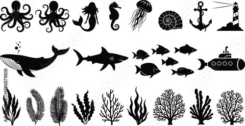 Ocean silhouette icon set, marine life vector, sea animal symbols, underwater illustration, coral reef design elements, nautical objects - flat vector illustration