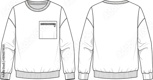 Sweatshirt fashion sketch, crew neck long sleeve apparel vector, pocket zipper clothing design illustration, garment construction pattern details - flat vector illustration