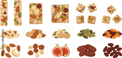 Healthy Nuts Seeds and Granola Bars Vector Set with Dried Fruits Snack Ingredients