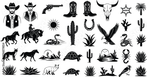 Wild West cowboy silhouette, desert wildlife vector, cactus plants, western culture icons, frontier animals, vintage design elements - flat vector illustration