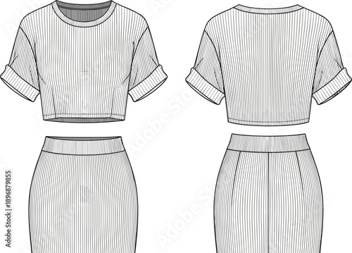 Two piece outfit fashion sketch, crop top high waist skirt vector, apparel design illustration, garment construction clothing pattern - flat vector illustration