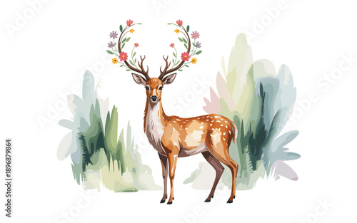 A whimsical watercolor illustration of a deer with floral antlers standing in a forest clearing