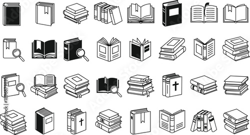Book silhouette icons, open closed stacked vector, reading literature symbols, education library study tools, bible religious design elements, publishing artwork - flat vector illustration