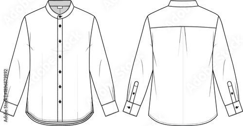 Band collar shirt technical sketch, long sleeve button front apparel vector, fashion garment illustration, clothing construction pattern details - flat vector illustration