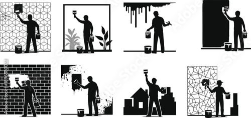 Collection of painter silhouettes decorating interior and exterior walls with paint brushes and rollers, isolated on white background for renovation concepts
