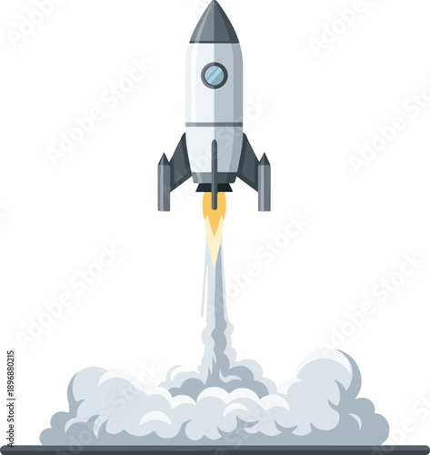 A silver rocket with a black nose tip launches into the air, emitting a bright yellow flame and a white smoke trail against a blank background. Perfect for startups, space exploration, and