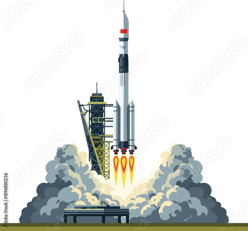 A rocket with a smoke trail launches from a launchpad, depicted in a vector illustration with a cloudy smoke effect. Perfect for space exploration, educational materials, science