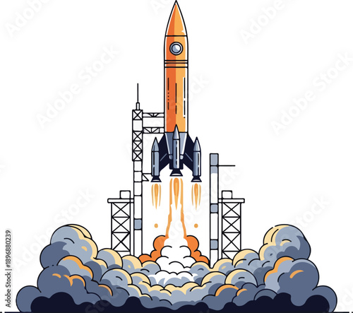 A rocket with an orange body and dark fins launches from a launchpad, emitting a trail of smoke and flames on a white background. Perfect for science, educational materials, and