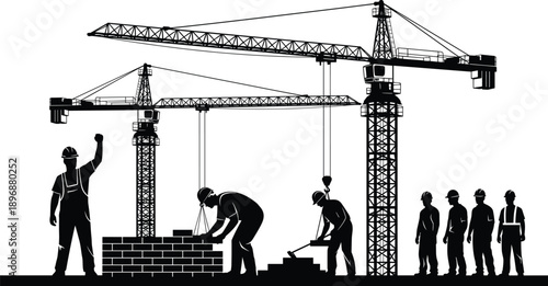 Construction site silhouettes with tower cranes and workers laying bricks, isolated on white background for industrial building and development concepts