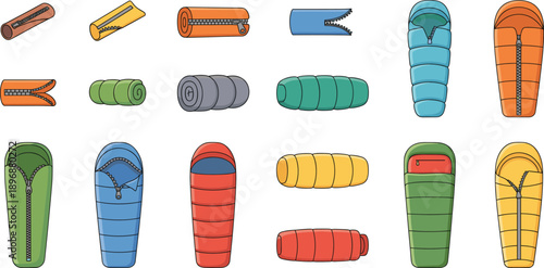 Set of camping sleeping bags and outdoor bedrolls in various shapes and colors, cartoon style vector illustrations for hiking, travel, and adventure