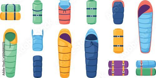 Set of camping sleeping bags in different colors and shapes, outdoor travel and hiking equipment illustrations, cartoon style vector icons isolated on white