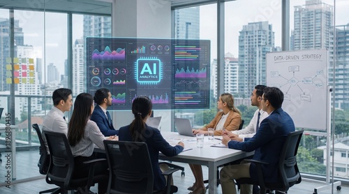 Wallpaper Mural Executives gather around a conference table reviewing artificial intelligence data projections displayed on a large transparent. Torontodigital.ca