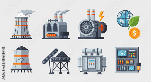 Industrial power generation and energy icons set.