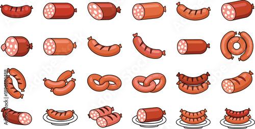 Set of cartoon sausage and salami illustrations in different shapes, sliced and whole meat products, vector icons for food, butcher, and deli concepts