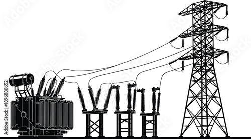 High voltage electricity transmission system with transformer, insulators and steel pylon, isolated on white background for power infrastructure concepts