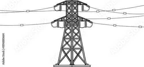 High voltage electricity transmission tower with overhead power lines and insulators, isolated on white background for energy infrastructure illustration