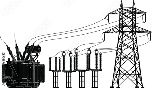 High voltage power transmission system with transformer, insulators and electricity pylon, isolated on white background for energy infrastructure concepts