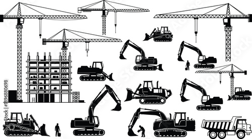 Large construction site illustration with tower cranes, excavators, bulldozers and heavy machinery silhouettes, isolated on white background for industrial development concepts