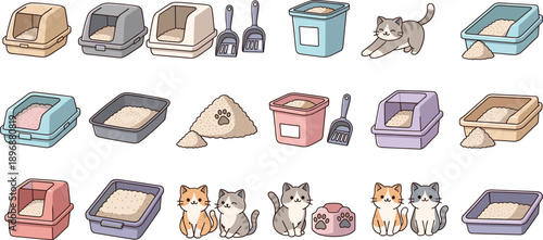 Set of cat litter boxes, trays, scoops, and kittens illustrations in cute cartoon style, vector elements for pet care, hygiene, and domestic animals