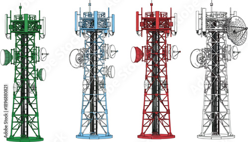 Set of detailed telecommunication tower illustrations in multiple colors, isolated on white background, representing wireless network and signal infrastructure