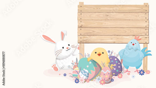 Cute chick, bunny and Easter eggs with blank wooden signboard hand drawn style with light gray background.