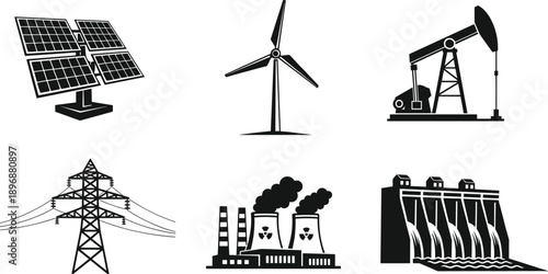Set of energy production icons including solar, wind, oil, power grid, nuclear plant and hydroelectric dam silhouettes