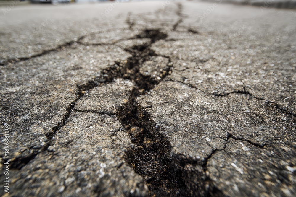 Obraz premium Close-up shot of cracked asphalt pavement with a deep fissure running through the center, showing gravel