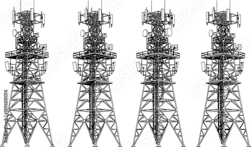 Set of detailed telecommunication tower structures with antennas and signal equipment, isolated on white background for wireless network infrastructure conceptsSet of detailed 