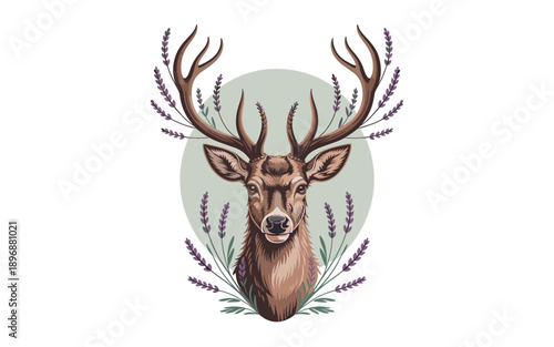 A vector graphic illustration of a deer head with antlers and lavender flowers