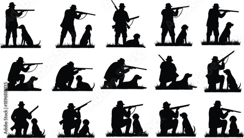 Set of hunter silhouettes with dogs aiming rifles in various poses, isolated on white background for hunting concepts