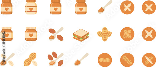 Set of peanut butter jar, spoon, sandwich, and allergy warning icons, flat cartoon vector illustrations for food packaging, nutrition labels, and safety symbols