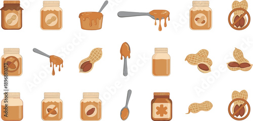 Set of peanut butter jars, spoons, and peanuts illustrations, cartoon style vector elements for food packaging, spreads, snacks, and grocery branding