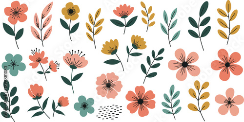 Watercolor illustration of various colorful flowers and leaves on white background