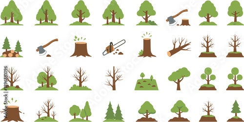 Set of forest tree growth and logging illustrations showing stumps, cut trees, branches, and greenery, flat cartoon vector elements for nature and ecology