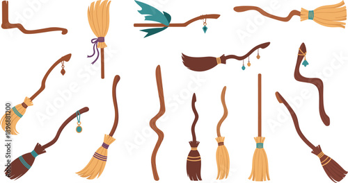 Set of magic broomsticks and enchanted branches illustrations, cartoon style fantasy vector elements for witchcraft, wizardry, fairy tales, and mystical designs