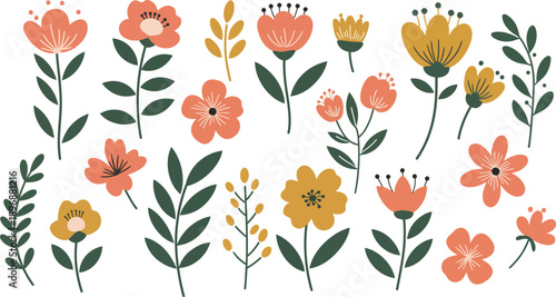 Colorful illustration of assorted flowers and leaves on white background