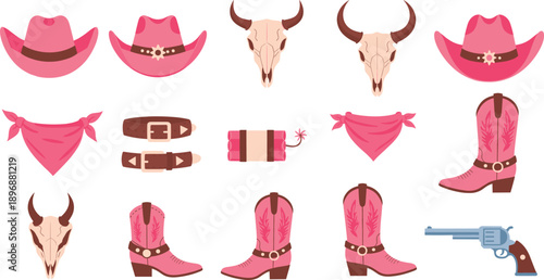 Pink Cowgirl Western Accessories Vector Set with Hat Boots Bandana Skull and Gun