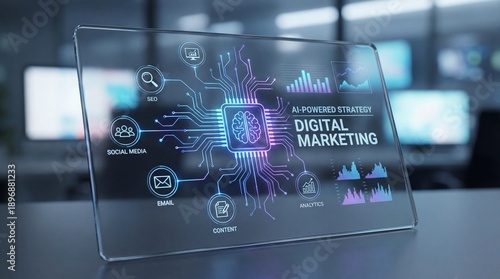 Wallpaper Mural A holographic digital marketing strategy interface glows on a transparent screen in a modern office setting. Torontodigital.ca