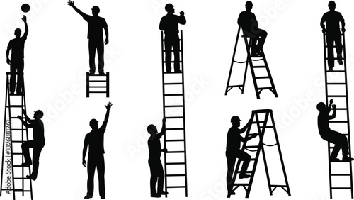 Set of worker silhouettes using ladders in various poses, isolated on white background, representing safety, construction, and maintenance work