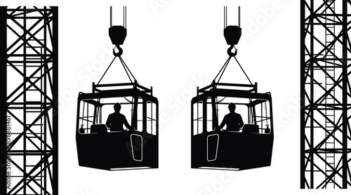 Tower crane operator cabins suspended by hooks between steel structures, silhouette illustration isolated on white background for construction and industry concepts